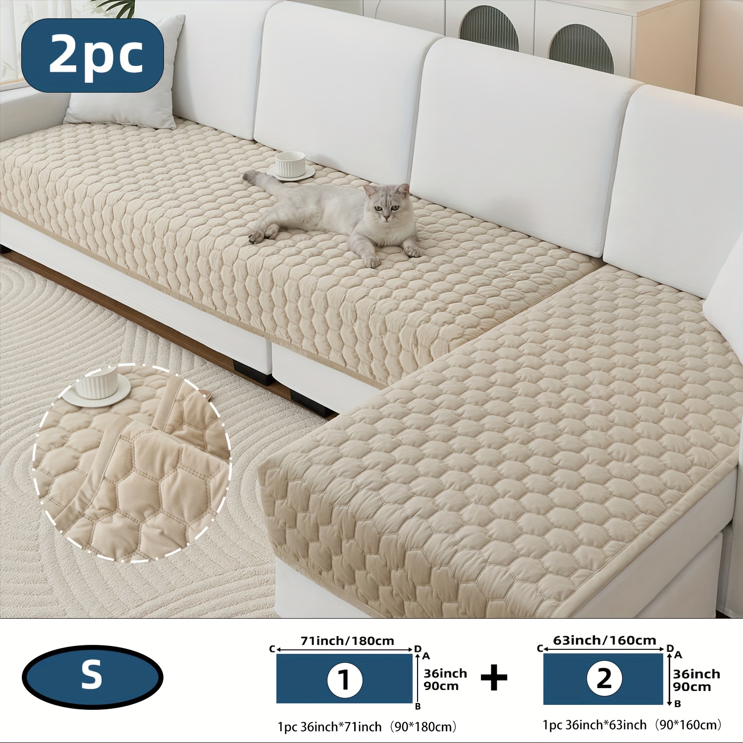 TEMU 2pcs Technology Embossed Honeycomb Pattern Sofa Cushion, Anti Slip All Year Round, Pet Friendly Sofa Cover, In Multiple Sizes, Suitable For