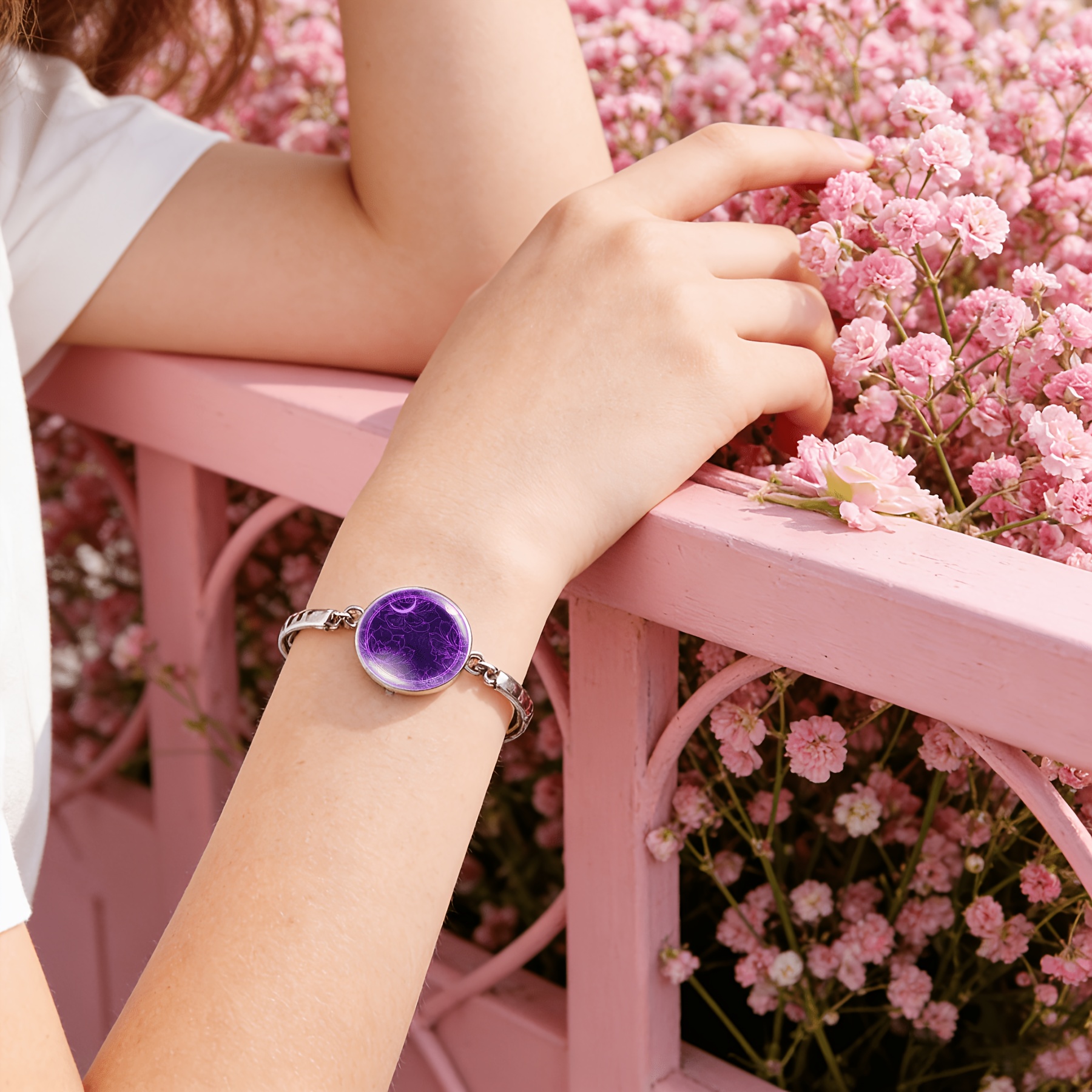Women's Adjustable Bangle with Classic Round Time Gemstone Inlay