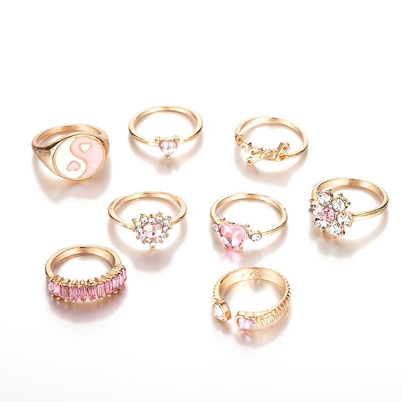 TEMU 8pcs Set Vintage Bohemian Pink Full-drill Flower, Letter, And Heart Rings - Fashion Alloy Drop-enamel Inlaid Synthetic Synthetic Zirconia Pink