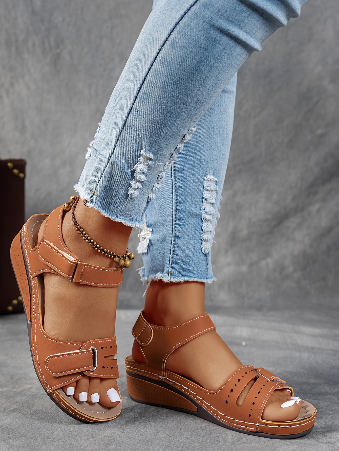   womens beige wedge sandals comfortable open toe platform shoes with adjustable ankle strap perforated design for   casual summer fashion strappy sandals Product details 10