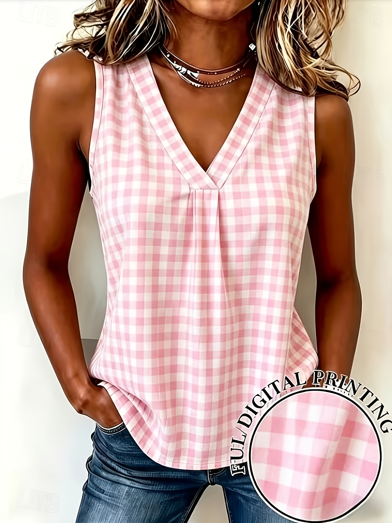 Women's Elegant Vintage Geometric Plaid V-Neck Top