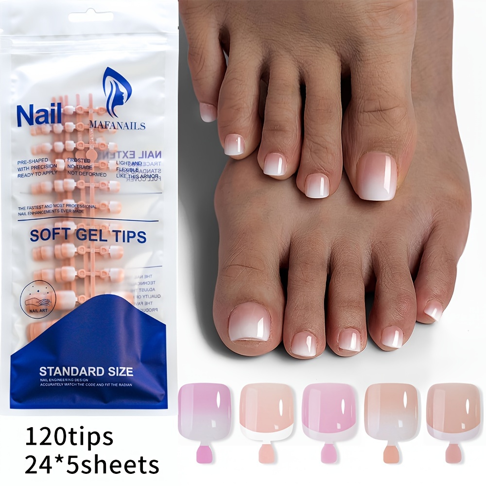 

120pcs Ongles de Pieds Dégradés Français - de Nude à Rose , Carrée, Longueur Courte, , Pointes en Gel pour Application Facile, pour des Pieds des Femmes