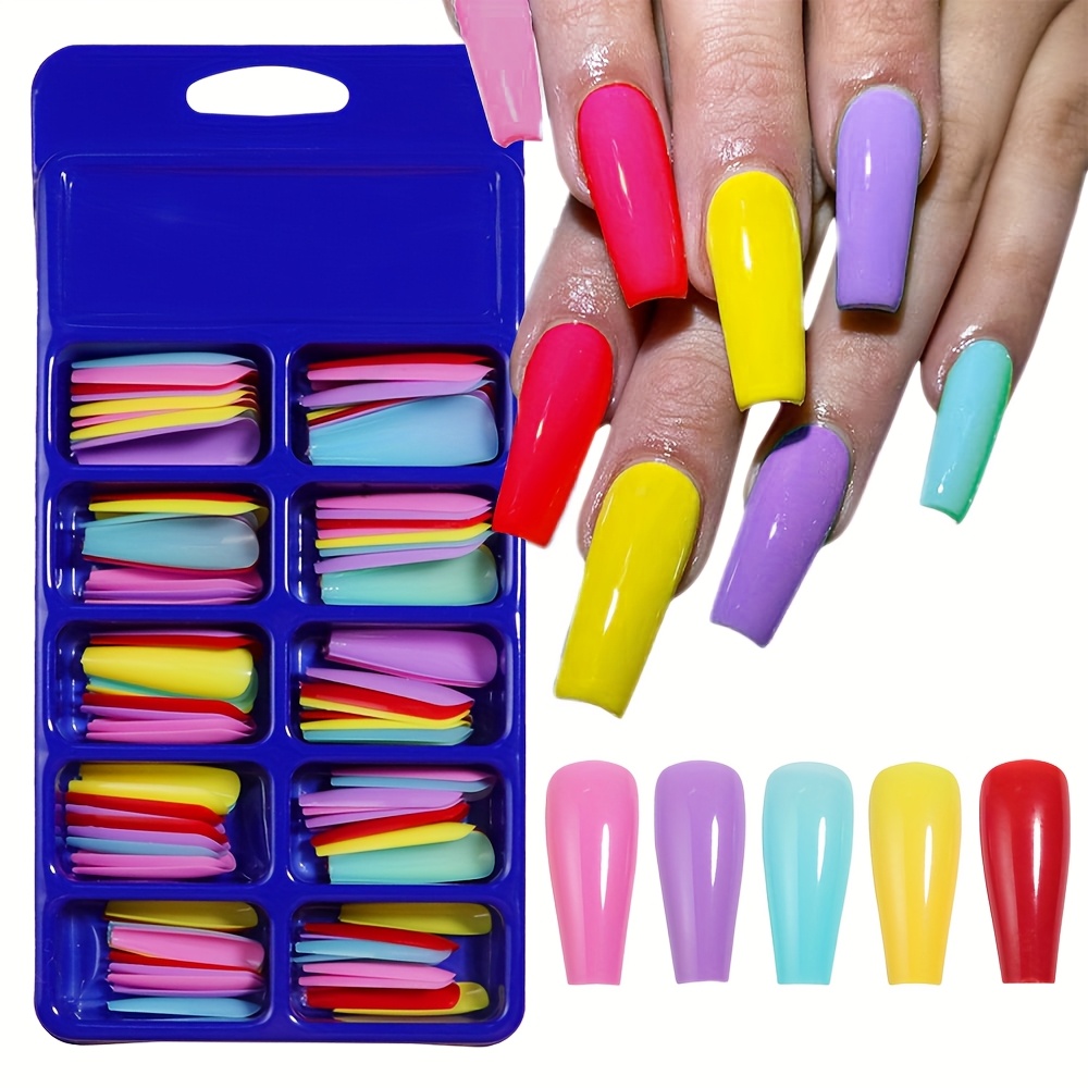 

100pcs Long Coffin Acrylic Nail Tips, Candy Pressed Full Coverage Artificial Nails For Diy And Salon Use, False Nails, Nail Art