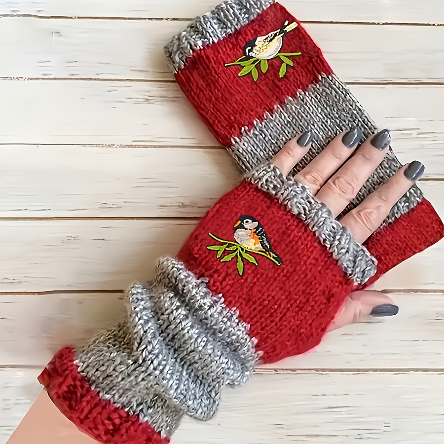 

Cozy Knit Fingerless Gloves With Bird Embroidery - Vintage-inspired, & Stretchy For , Women' Accessory