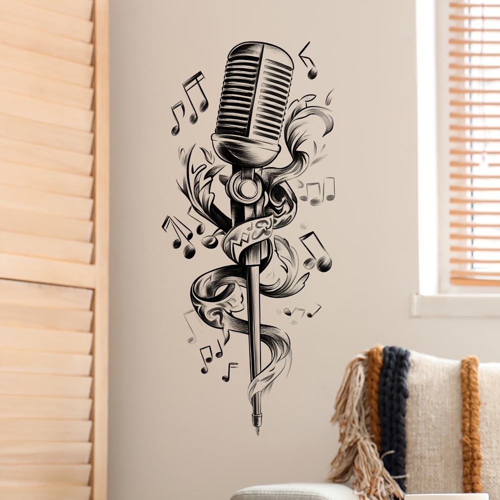 Image of Contemporary Watercolor Microphone Wall Decal - Self-adhesive, Multi-surface Music Theme Sticker For Bedroom & Living Room Decor, Contemporary Style, Music Theme