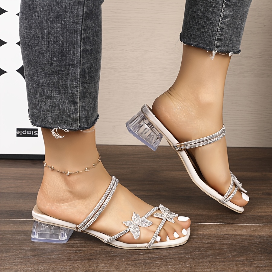 Women'S Elegant *-Toe Block Heel Shoes Slip-On Summer Party Shoes with  Ankle Strap, Clear High Heel Star Embellishments, White PU Cover for  Casual