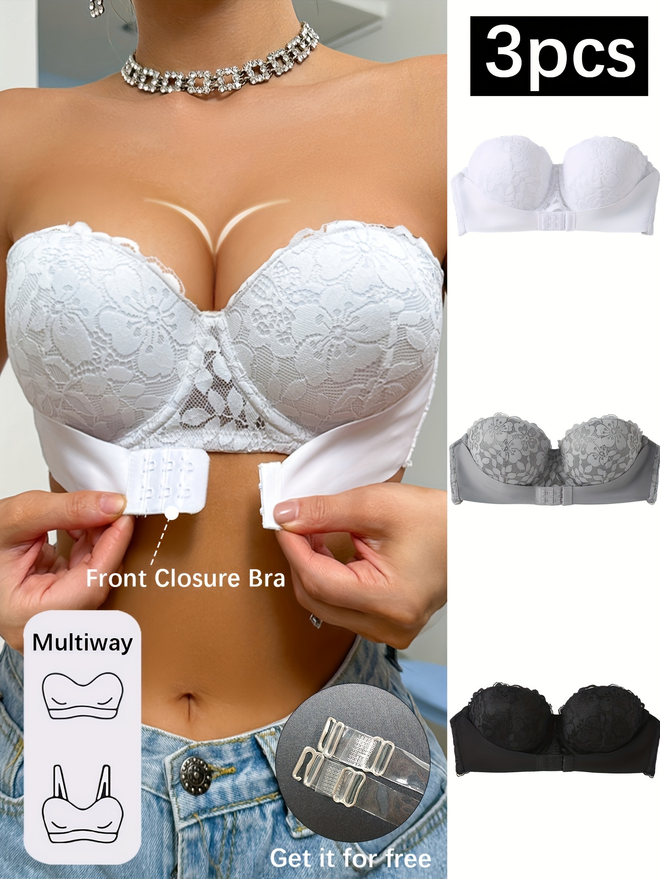 3pcs Elegant Lace Strapless Bras for Women - Invisible Front Closure, Push-Up Balconette Style with Non-Removable Pads, Breathable & Comfort Fit, Available in White, Gray, Black