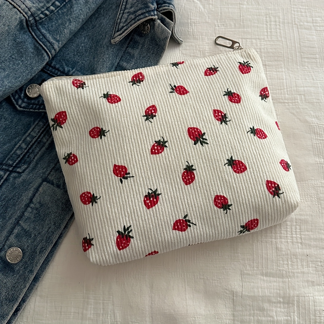E-shop 1 Stück Weiß Rosa Erdbeer Cord Damen Handtasche Kleine Stofftasche Aufbewahrungstasche Münzfach Süßes Geburtstagsgeschenk