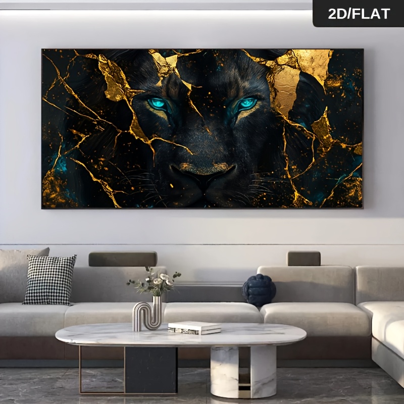 1 stuk Moderne Abstracte Leeuw Canvas Wandkunst zonder Lijst - Zwart & Gouden Leeuwen Gezicht met Blauwe Ogen, 70x140cm