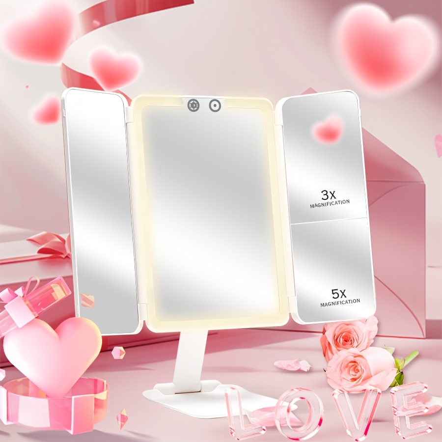 

1pc, Makeup Mirror Vanity Mirror With Lights, 2x 3x 10x Magnification, Lighted Makeup Mirror, , Trifold Makeup Mirror, Supply, Portable Led Makeup Mirror, Women Gift (518 Mirror),valentine's Day Gift