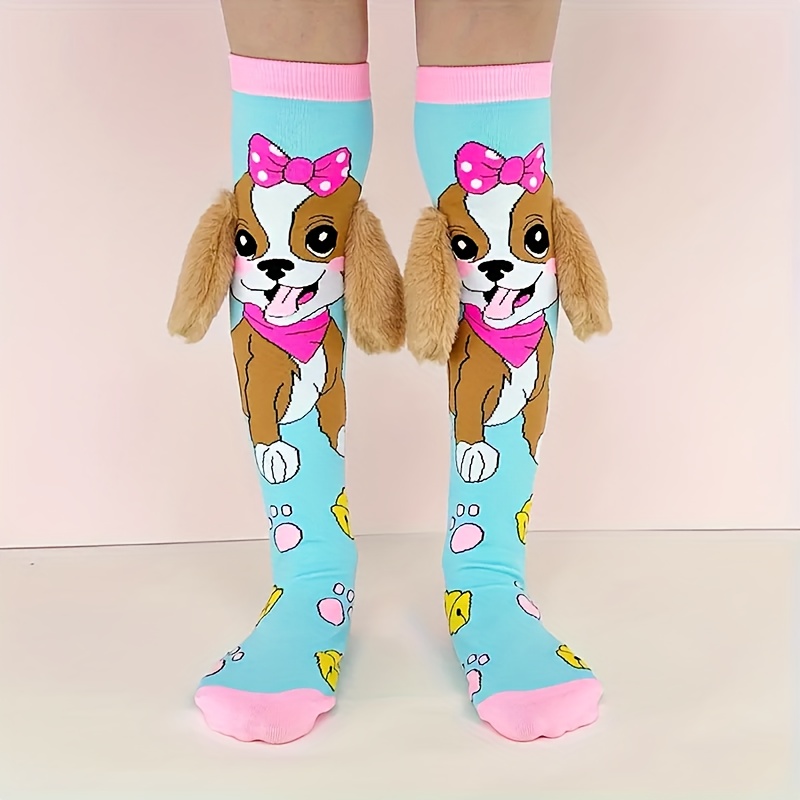 Paar Schattige Blauwe Cartoon Hondenpatroon en Roze Strik Kniehoge Sokken - Zacht, Ademend, All-Season Meisjes Kniehoge Sokken