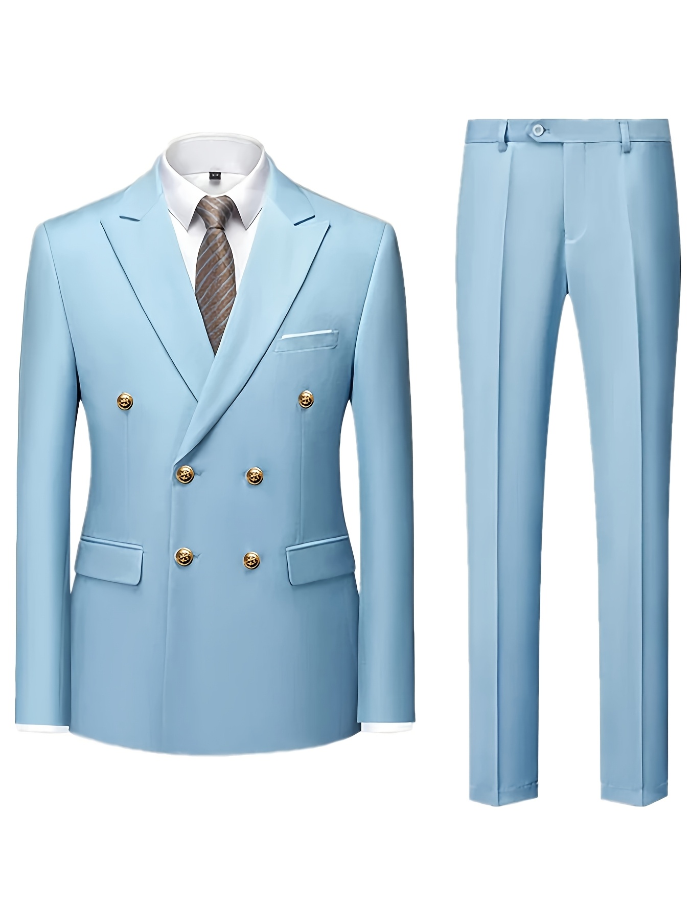 Men's Slim Fit Light Blue Double-Breasted Blazer & Pants Set - Elegant Evening Dress Suit for Business or Formal Occasions, 2pcs Polyester Fabric Outfit with Lapel Collar and Button Details, Formal Wear|Sleek Suit Design|Golden Button Accents