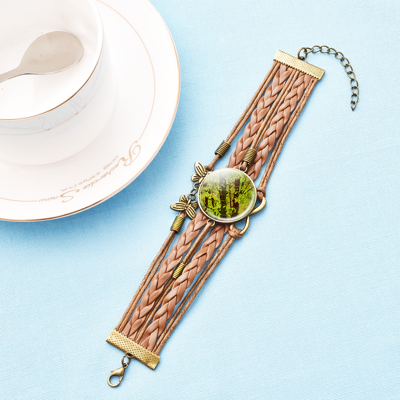 Women's Glass Patterned Butterfly Star Shaped Bracelet, Green Forest Design