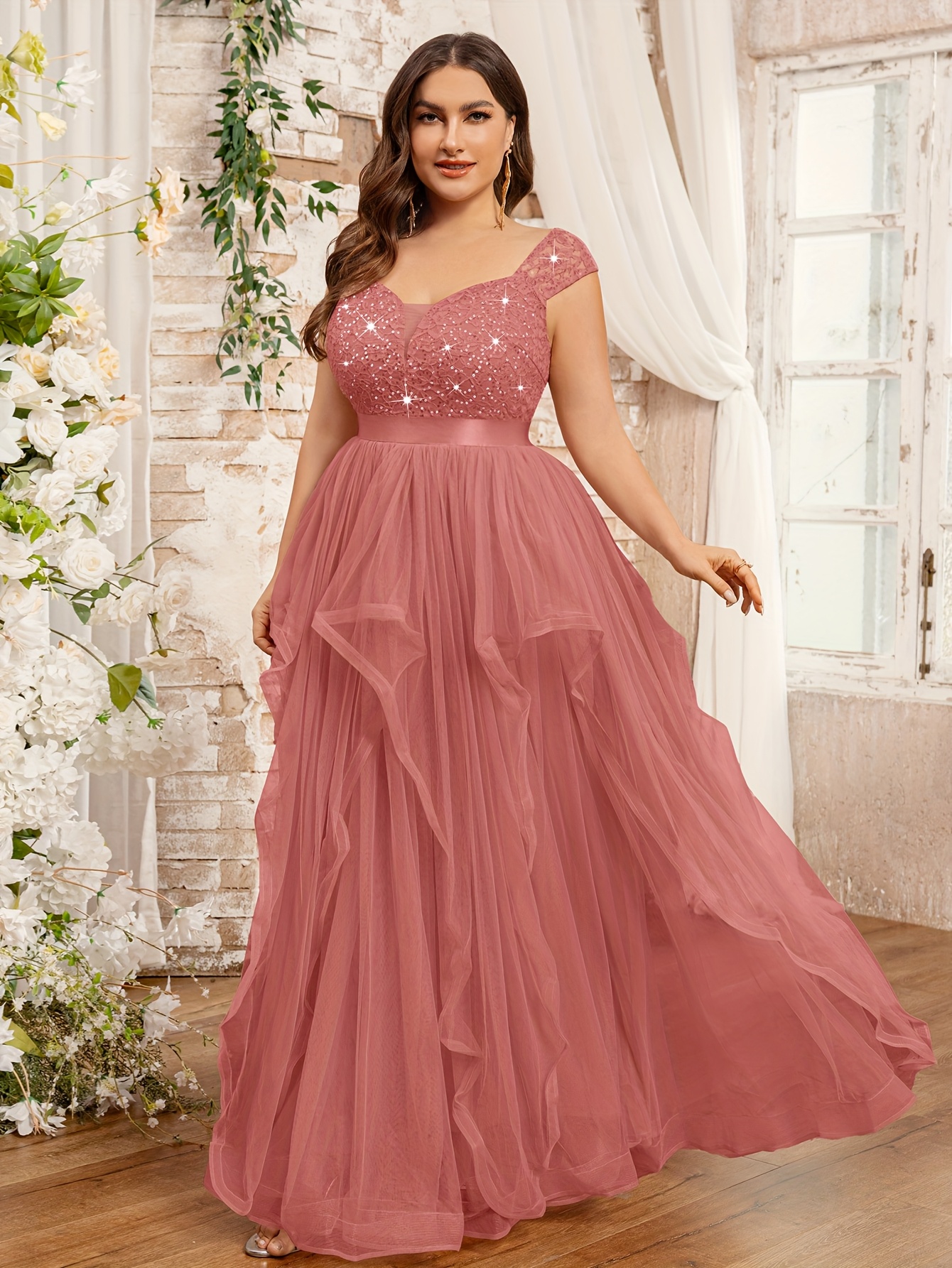 Ever-Pretty Women's Elegant Mermaid Ruffle Sleeve V Neck Shiny Maxi Mother Of Bride Dresses Burgundy 26uk