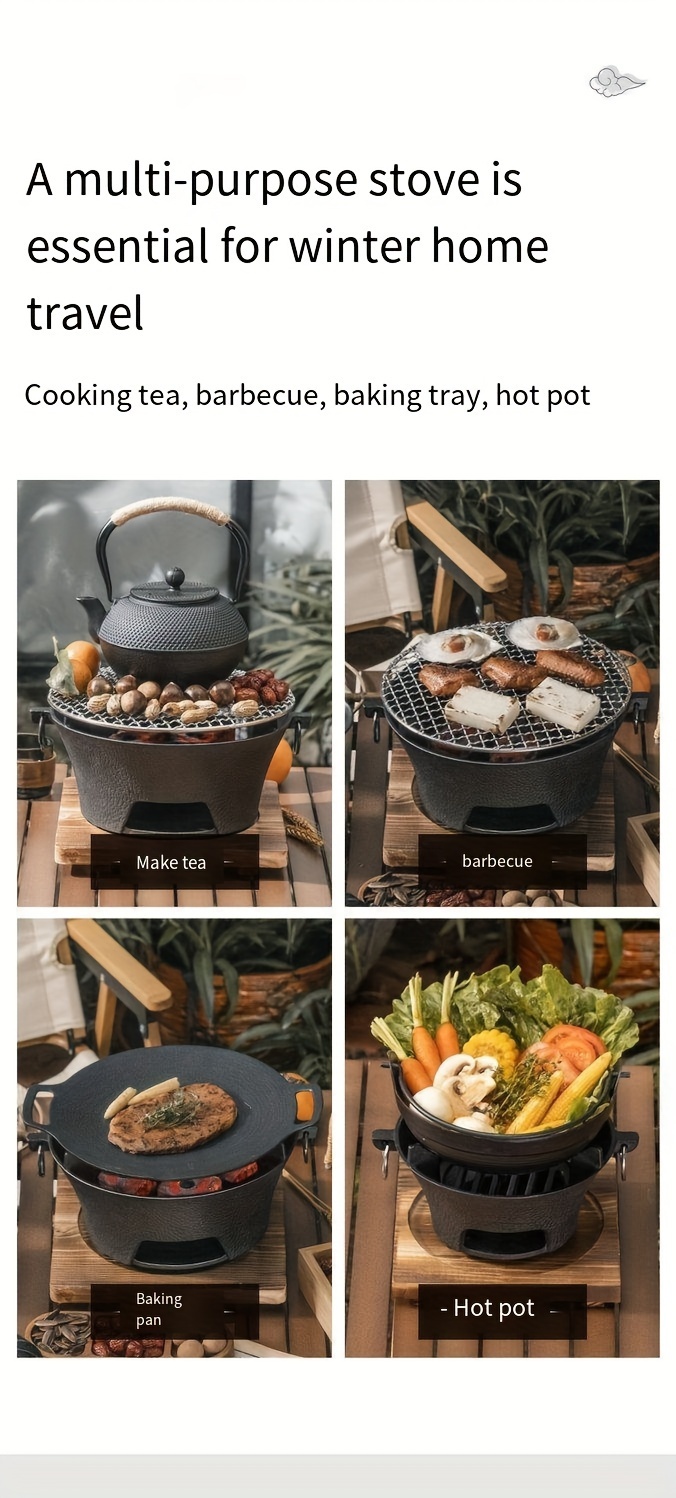 cast iron charcoal grill stove with net     pan portable bbq teapot heating indoor outdoor use hand wash only details 6