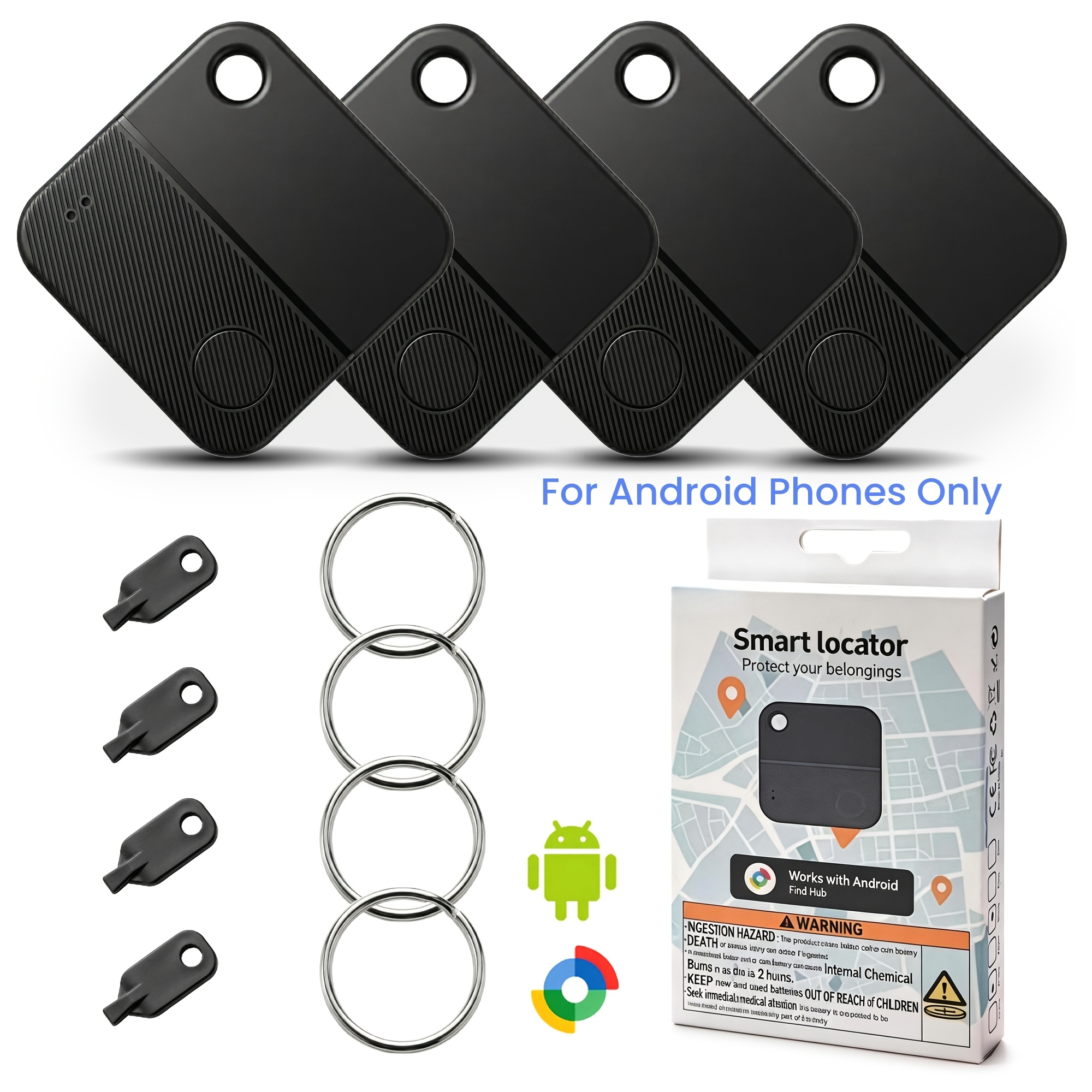 4Pack Air-Tracker Tags for Android, Android Tracker Tags Find Trackers for Google'S Find Hub App, 1 Year Battery Life And Replaceable, Luggage Tracker Android for Keys, Wallets, Suitcases, Loud Ring