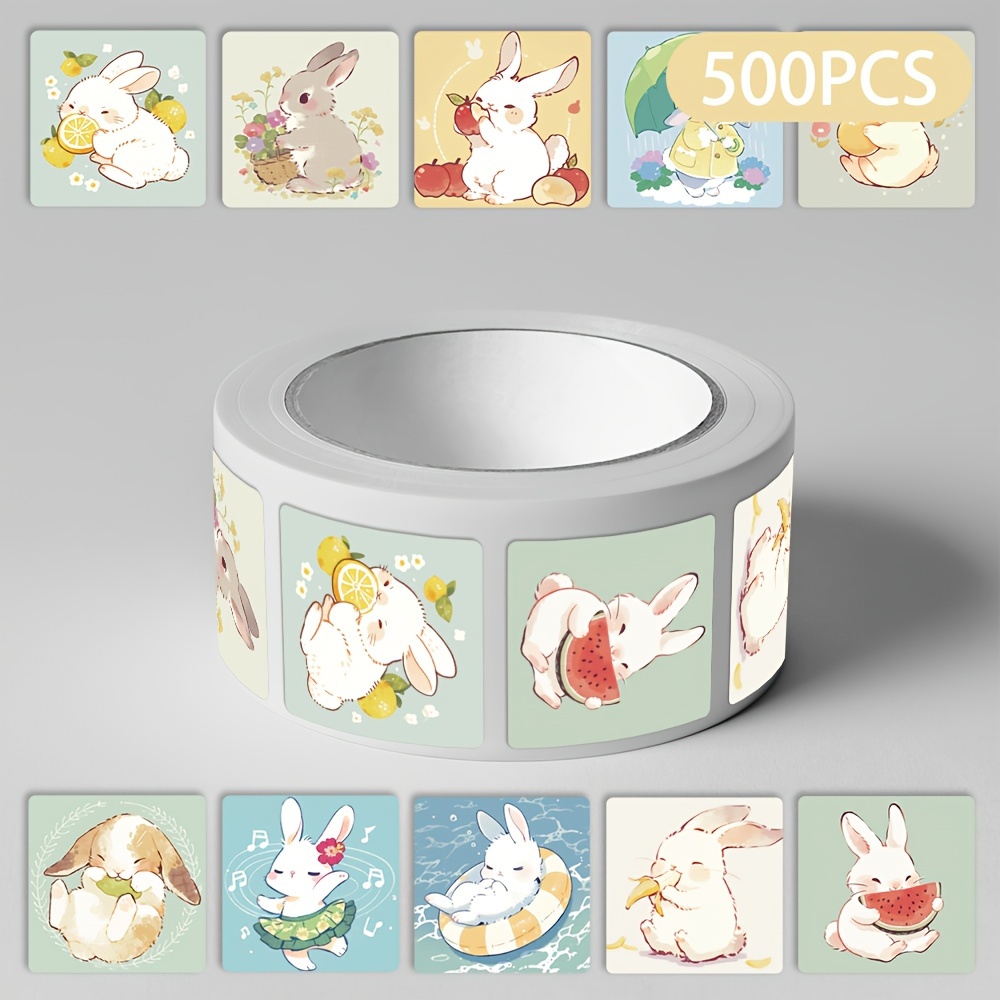 Image of A Roll Of 500 Cute Cartoon Stickers Featuring Little Rabbits For Summer, Suitable For Journals, Phone Cases, Tablet Decorations, And Guitar Embellishments
