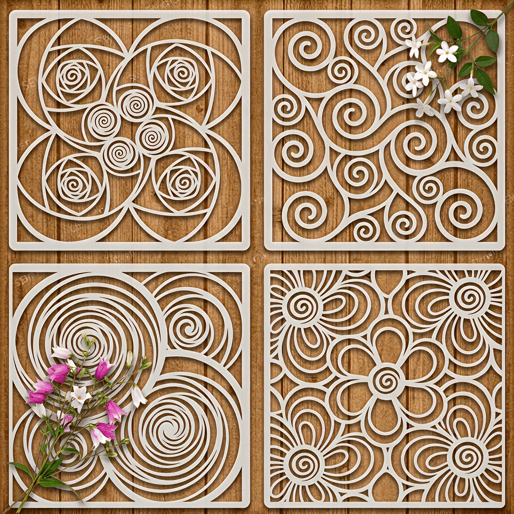 TEMU 4pcs Set Vintage Spiral Floral Hollow-out Painting Stencil, Abstract Swirl Flower Continuous Pattern, Diy Hand-painted Template For Fabric Throw