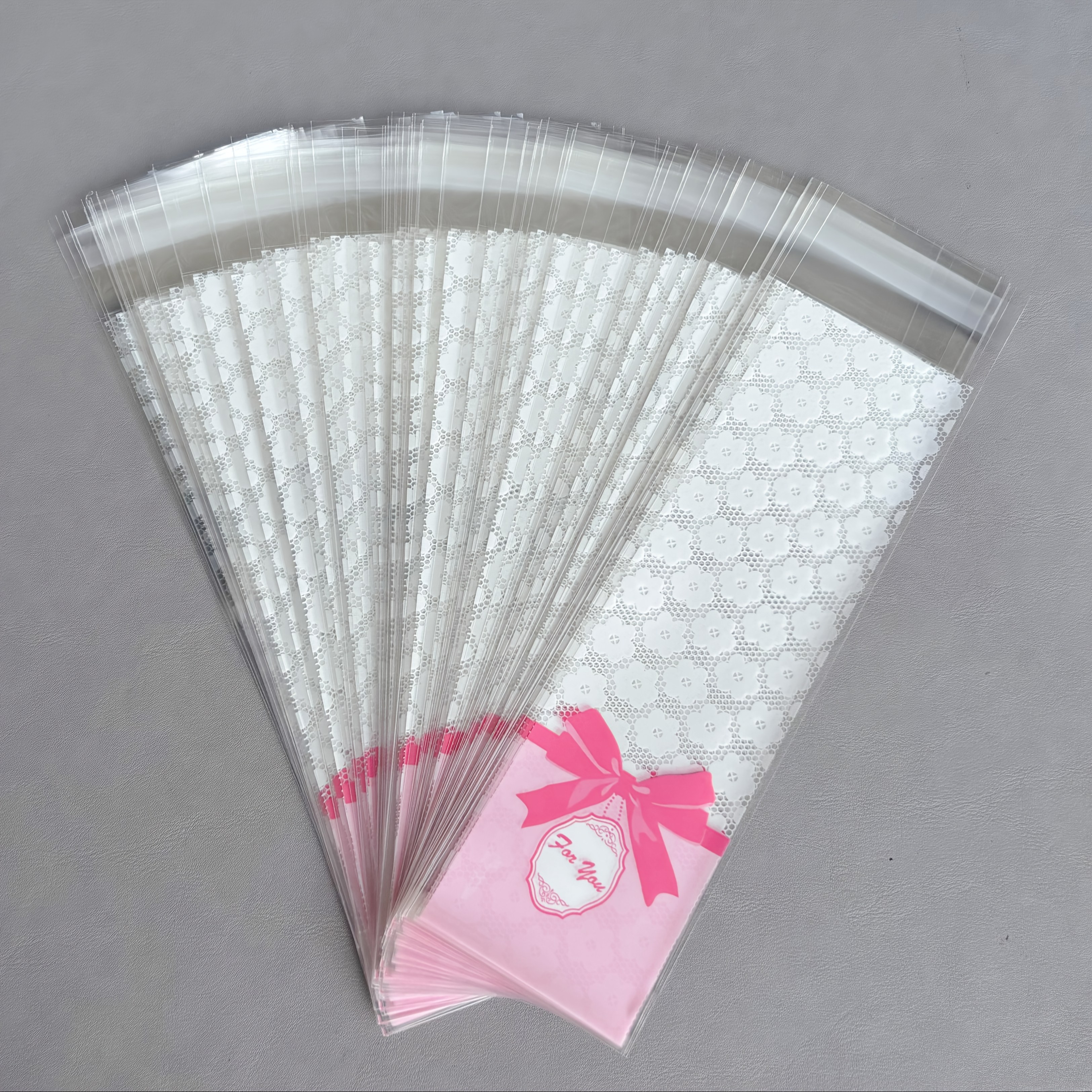 TEMU 6*23cm Long Strip Plastic Opp Packaging Bag White Flower Bow Self-adhesive Bag 50/100pcs