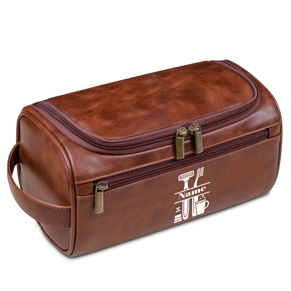 TEMU Customizable Name Shaving Tool Pattern Retro Hanging Men's Toiletry Bag, Multi-compartment Travel Wash Bag, With Built-in Hook And Side Handle,