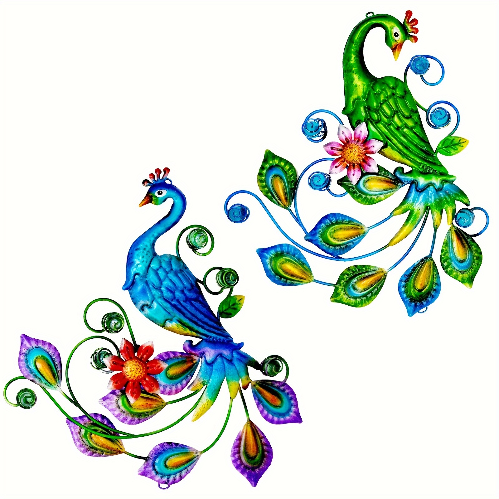 

2pcs/set Metal Peacock Wall Hangings With Floral Design, Colorful , Indoor/outdoor Home Decor