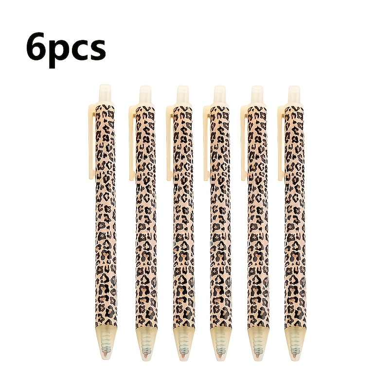 TEMU 6pcs Leopard Print Retractable Ballpoint Pens - Fashionable 1.0mm Smooth Writing Office Stationery Set, Black Ink, No Cap, Multicolor , Gift For