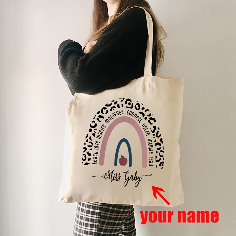 

1pc Personalised Rainbow Print Shoulder Bag Custom Name Women Canvas Shopping Bag Aesthetic School Bags Teacher Gifts