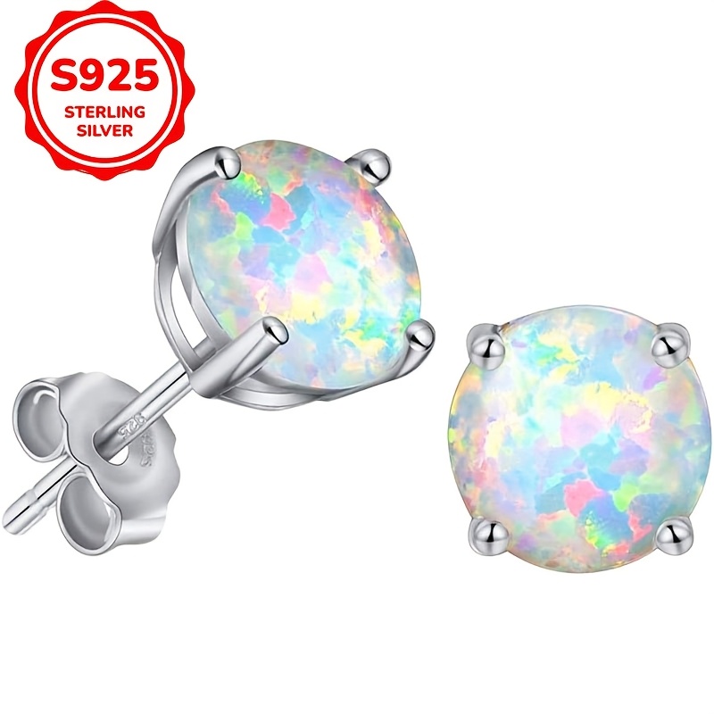 

Elegant S925 Sterling Silver Stud Earrings With Synthetic Opal, Hypoallergenic, And Gift-, 1.2g, Embedded, Ladies Jewelry