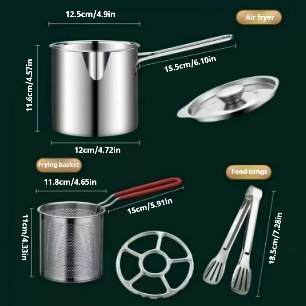 E-shop 5-teiliges Set 1200ml Edelstahl-Fritiertopf mit verlängertem Griff, Spießbratpfanne kleiner Sieb-Milchtopf. Kann zum Kochen von Nudeln, Erhitzen