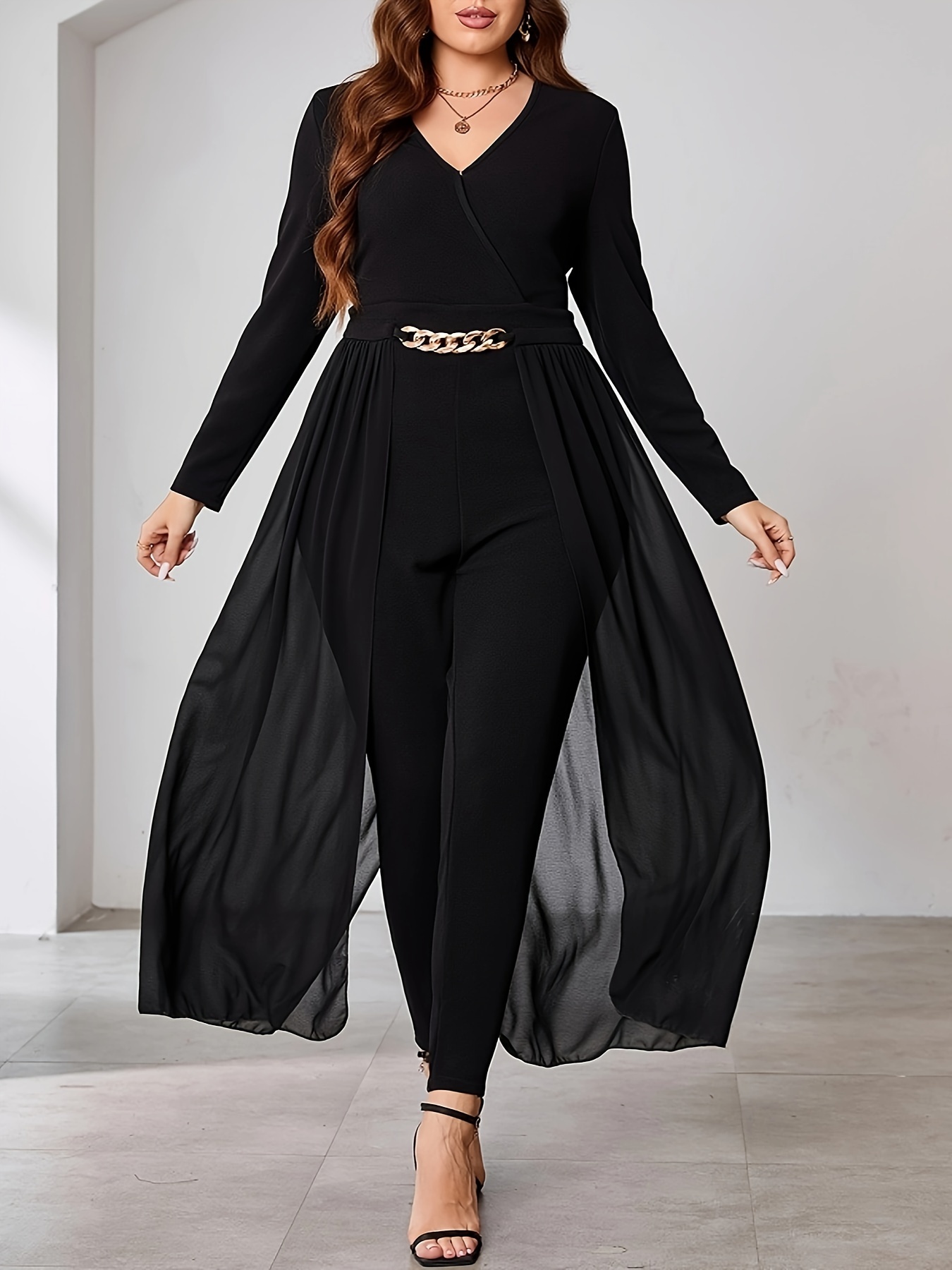 Plus Size Solid Button Decor Wide Leg Jumpsuit Women's Plus - Temu