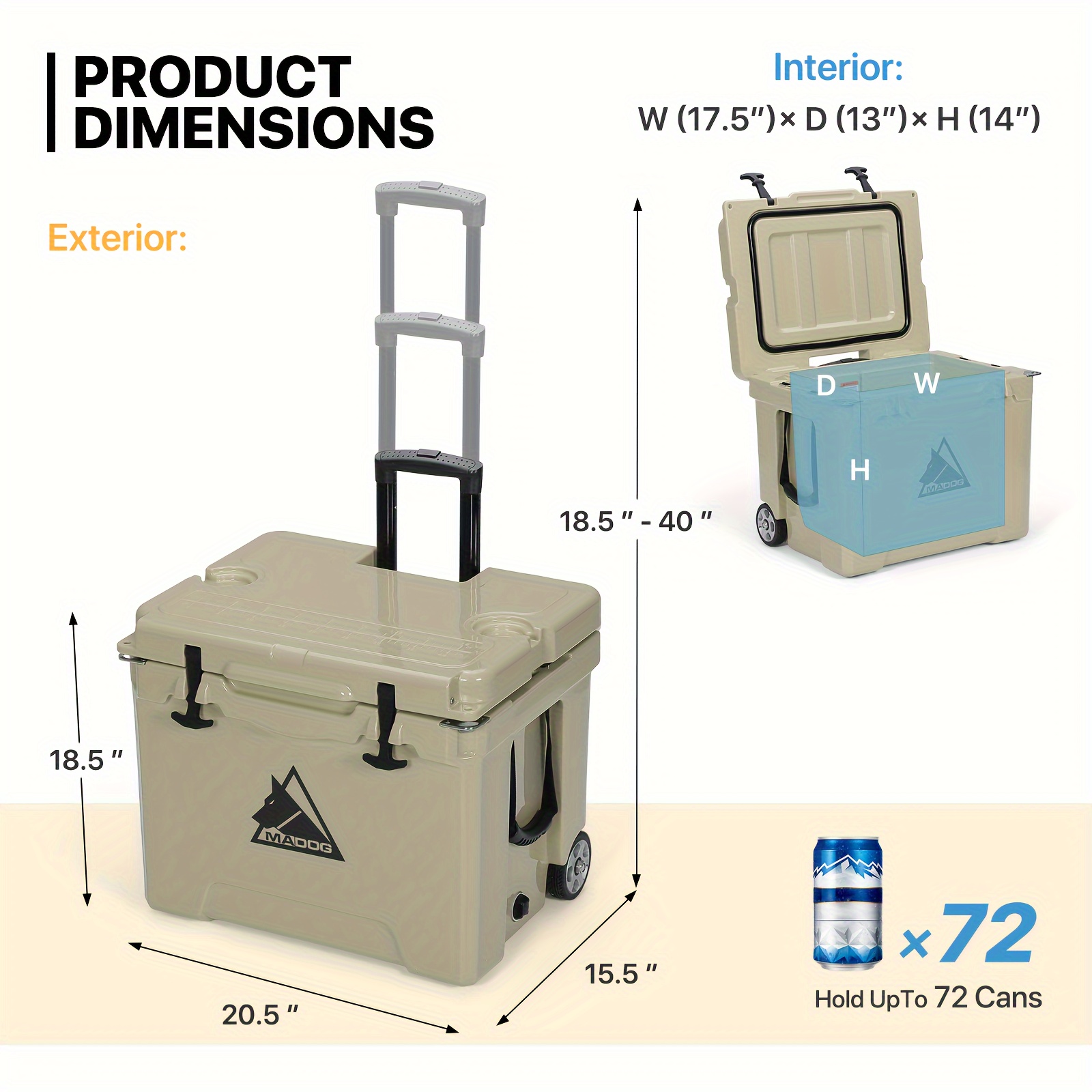 72 Can 42 Quart Towable Ice Chest with Wheels and Cup Holder, Outdoor Picnic Camping Hard Cooler