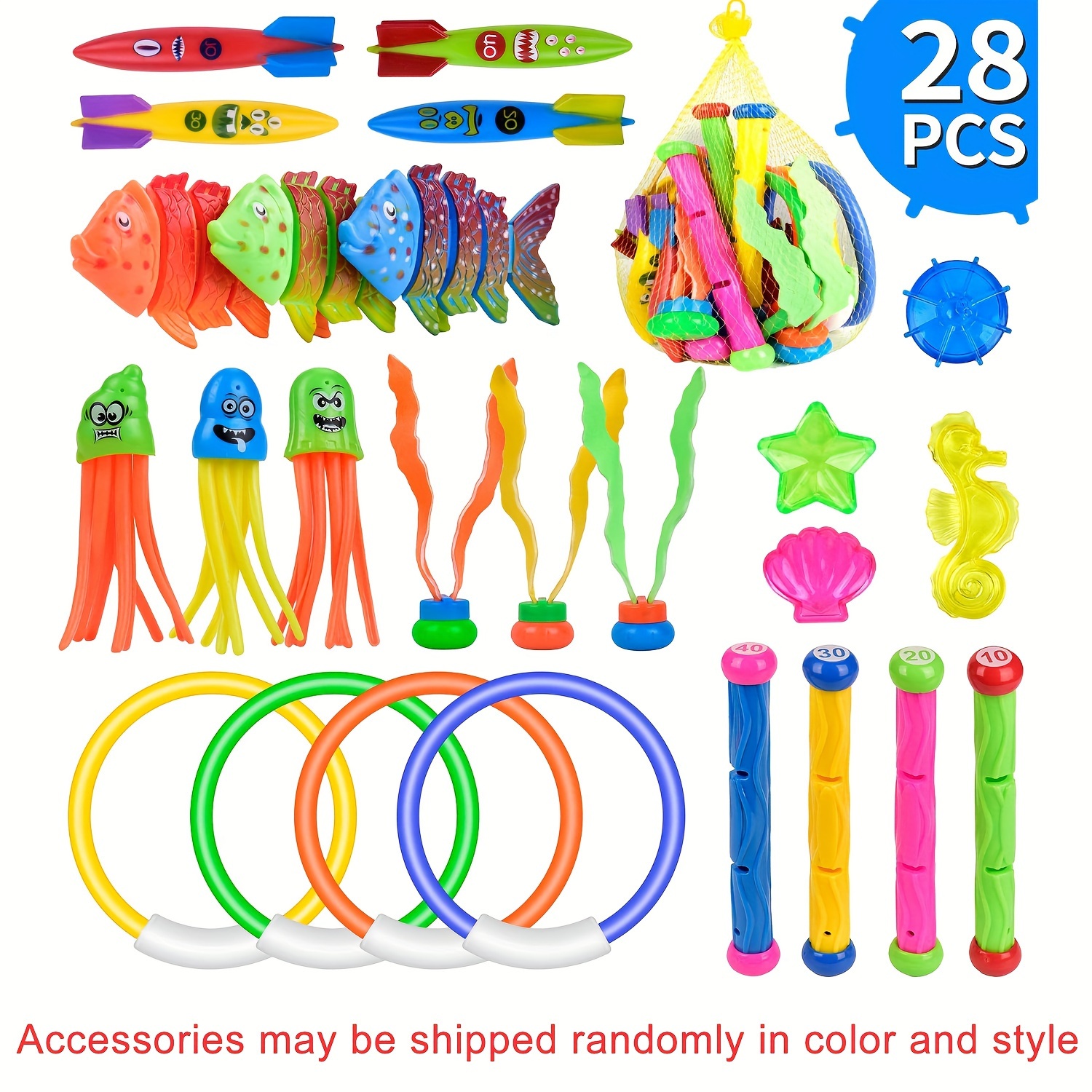 4pcs 15pcs 28pcs 34pcs diving toy set random color   swimming pool training   diving rings and     diving seaweed fish water play toy set beach toys water play toys swimming practice toy additions