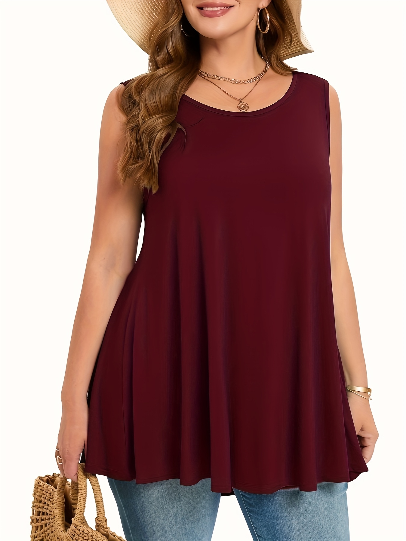 Women's Plus Size Sleeveless Olive Green Round Neck Tank Top - Loose Fit Summer Vacation Top, Machine Washable Casual Chic Shirt for Beach Outings & Lounge Wear, Summer Tank Tops