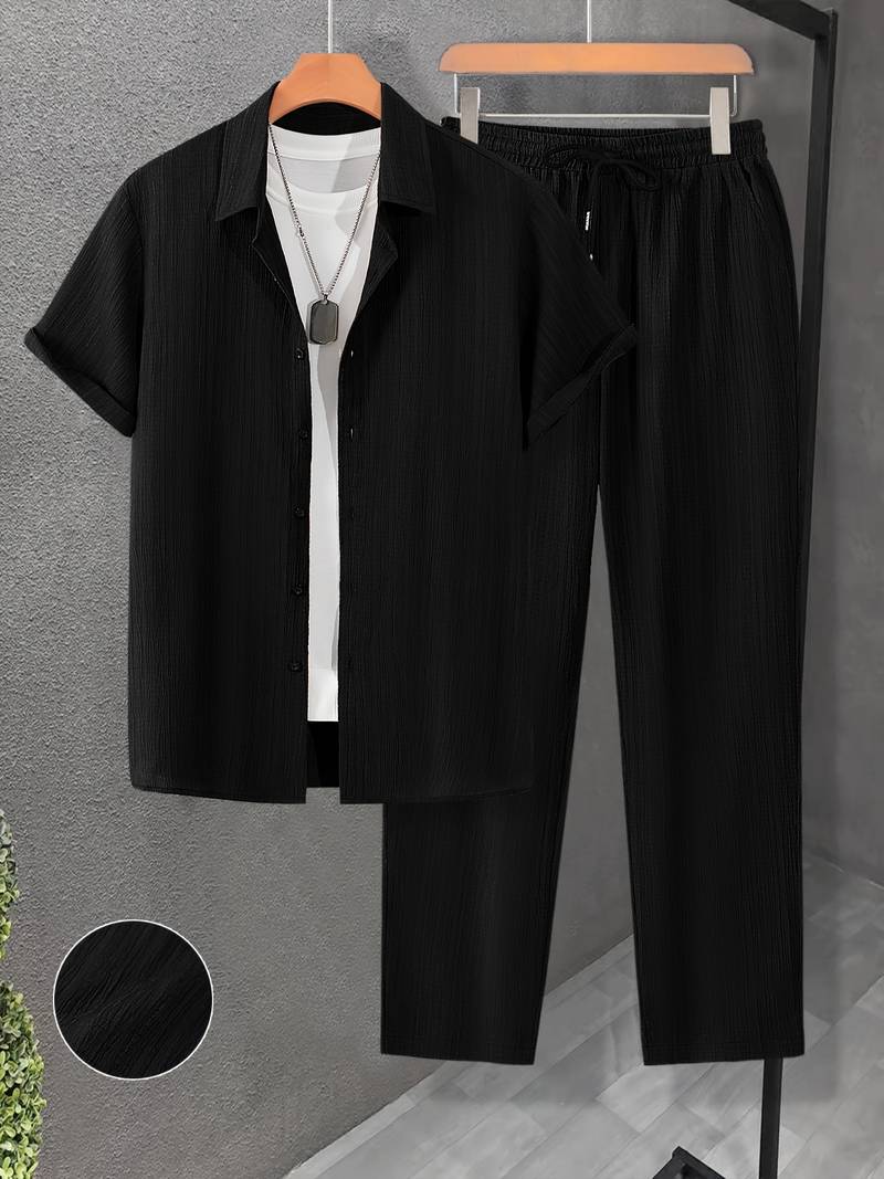 Ensemble Décontracté Homme - Chemise Et Pantalon Court 2 Pièces - Tissu Gaufré Léger - Tenue Sport Loisirs été