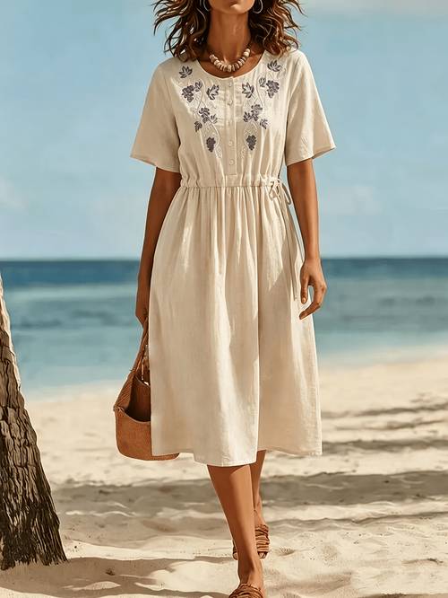 summer womens round neck embroidered half open front waist cinching loose long dress