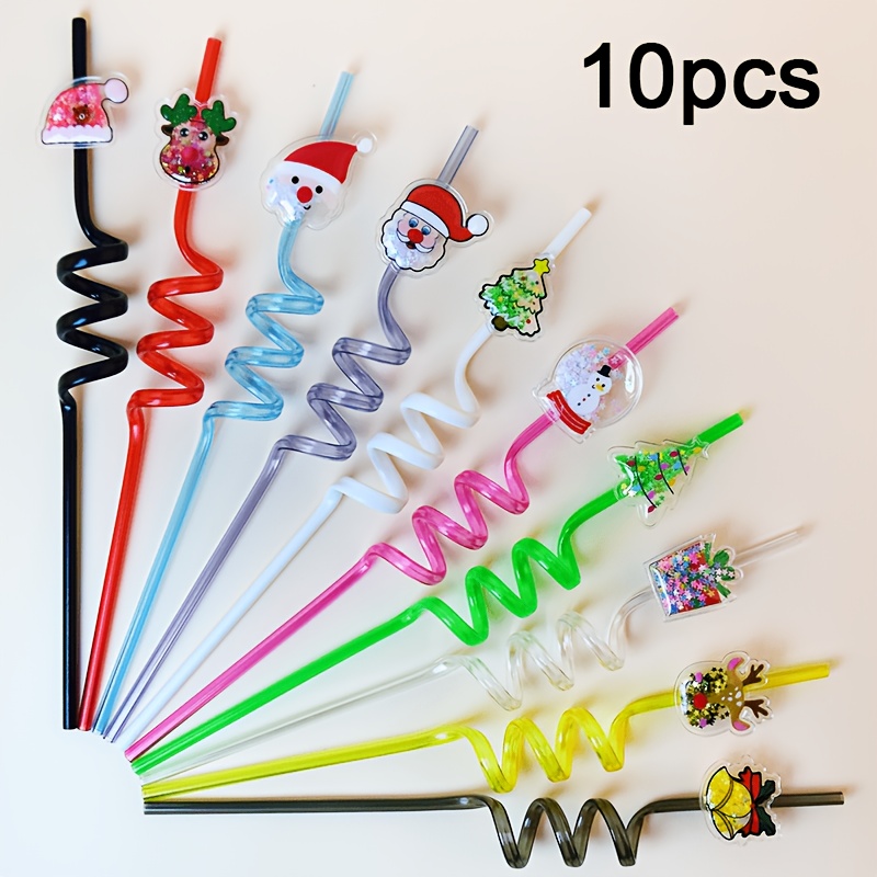 TEMU 10pcs Christmas-themed Straws, Reusable Plastic Straws Made Of Durable Pet Material, Festive Spiral Straws Featuring Christmas Tree, Snowman,