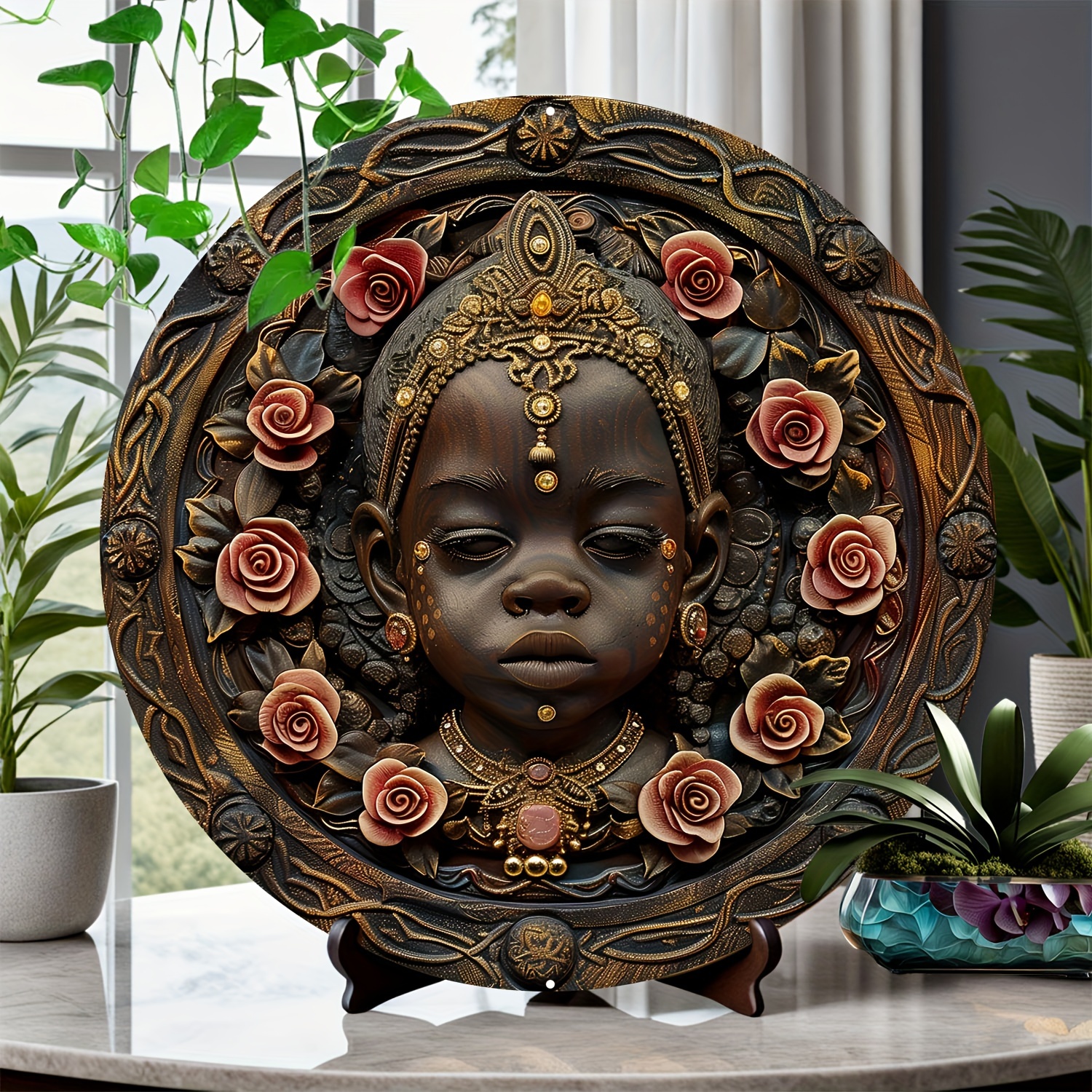 

African Tribal Mask Aluminum Sign - Woodcut Effect Floral Wreath - 3d Look Round Decorative Plaque For Home, Farmhouse, Bath Wall - Durable, Uv Printed, Pre-punched Edge - 8x8 Inch (20x20cm)