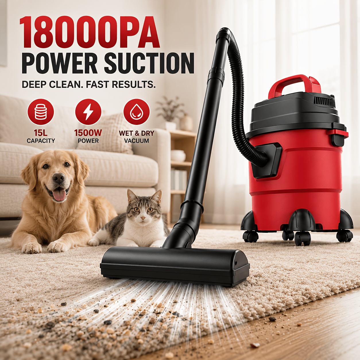 TEMU 1500w Wet Dry Vacuum Cleaner, V18000pa Powerful Suction, 20l Shop Vacuum With Floor Brush & Caster Wheels For Pet Hair, Cat Litter, Hardwood