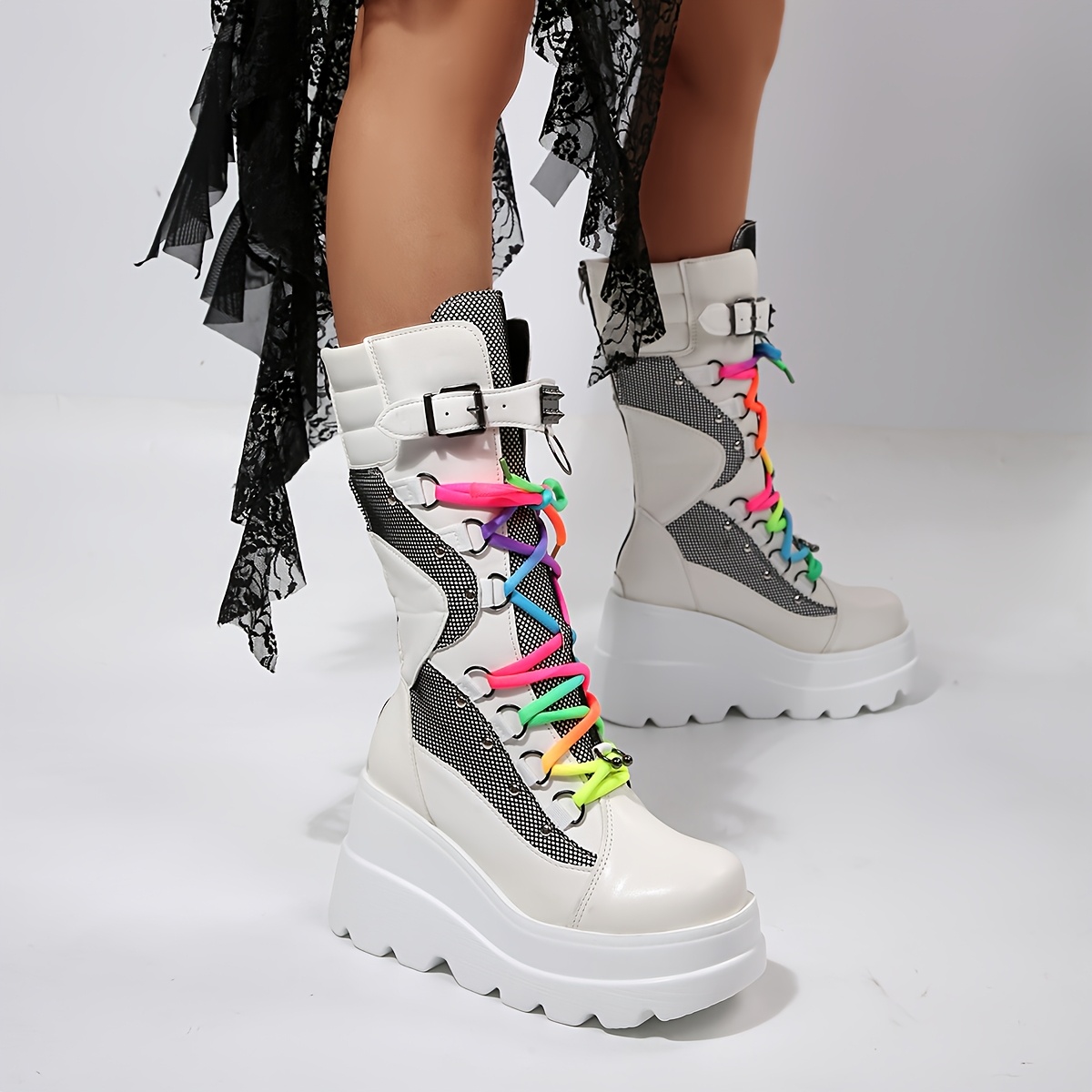womens y2k punk platform boots black calf combat boots - Temu Cyprus