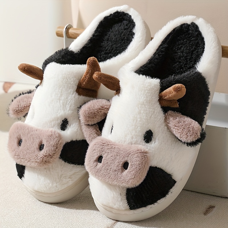 

Cozy Cartoon Cow Plush Slippers For - Warm, Comfy Indoor Shoes With Non-slip Tpr Sole, Fall/winter