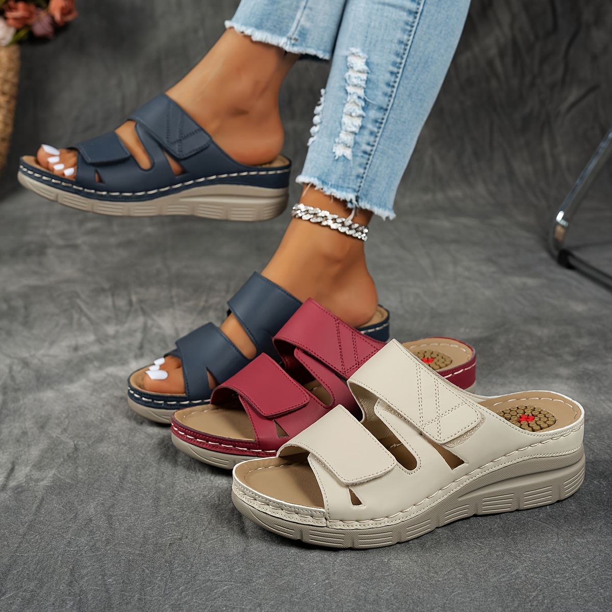 womens stylish open toe slide sandals casual beach flip flops with thick cushioned sole   in navy   and beige   summer   and vacation  
