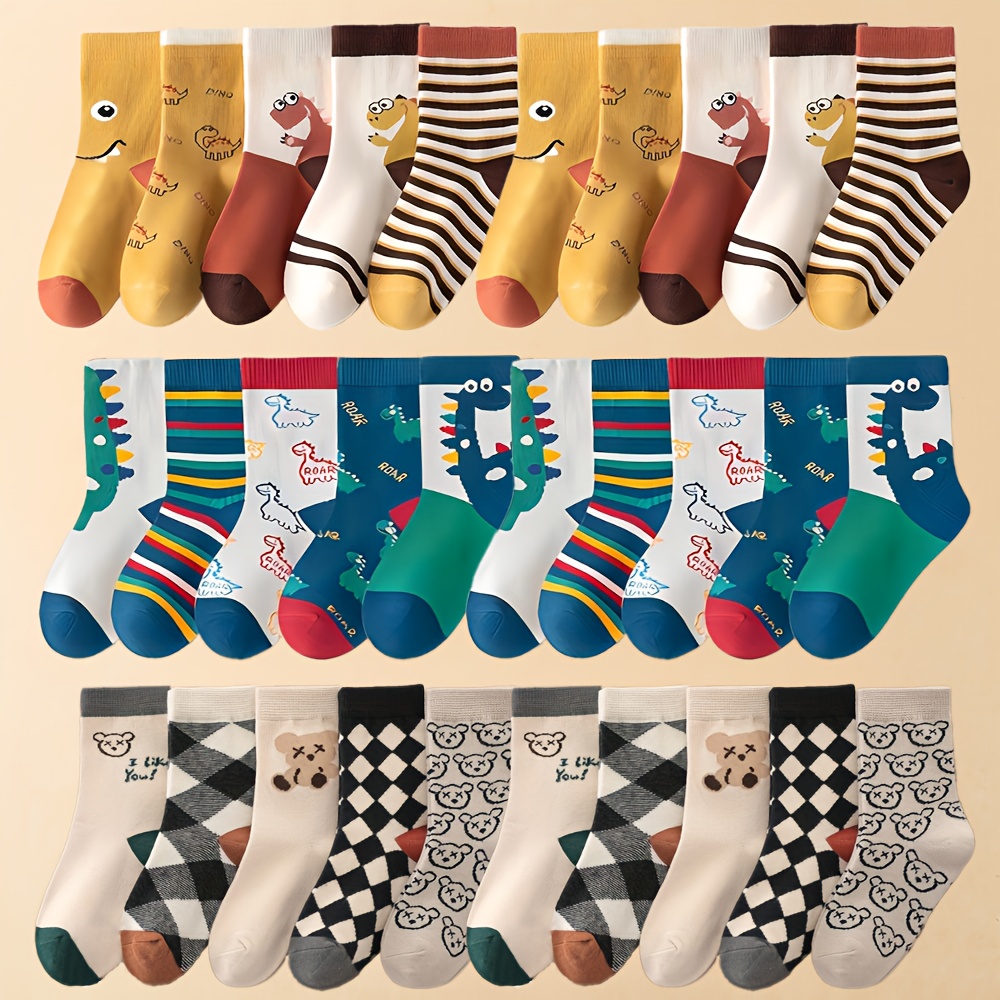 30 Pairs Kids Cartoon Crew Socks Set - Dinosaur Smile Bear Patterns, Unisex Breathable For Boys And Girls, Age 0-12y, Random Styles For , Fall And Winter Clothes