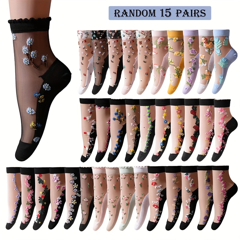 E-shop Zufällige 15 Paar Frühling/Sommer dünne atmungsaktive Glasnetz-Kristall rutschfeste modische Damen-Kurzsocken