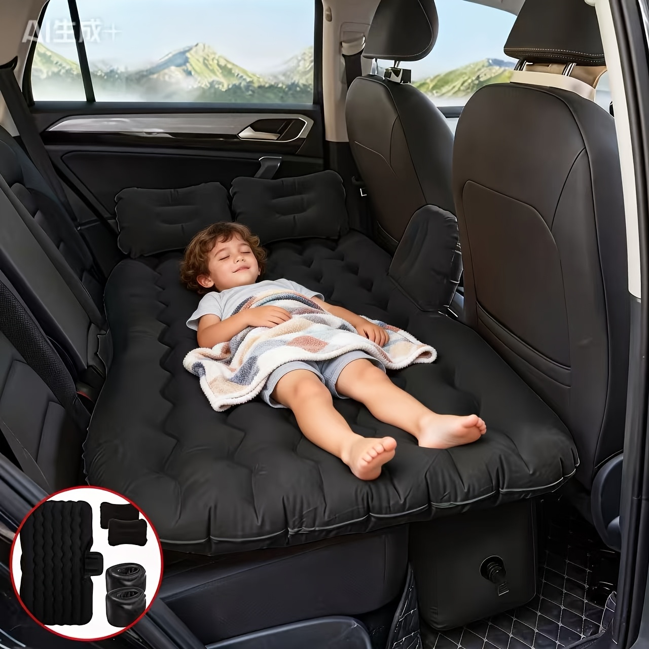 Premium Blue Gray And Beige Black Portable Inflatable Car Mattress, Car Beds For Vehicles, PVC Material, Suitable For Backseat Sleeping, Outdoor Camping Picnic Travel Cushion Bed, Car Accessories For Men