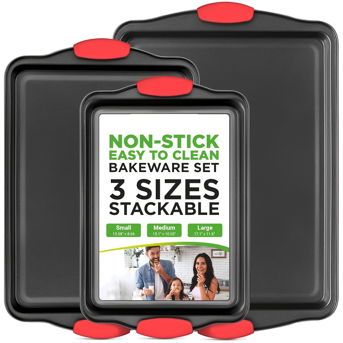 Image of 3pcs Nonstick Baking Pan Set For Kitchen, 17.71in + 15.76in + 13.38in Sizes, Commercial-grade Metal Pans With Red Silicone Handles - Easy To Clean