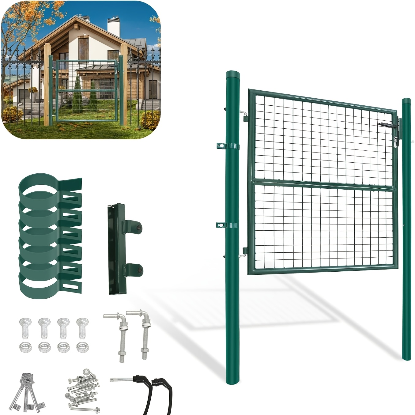 100x100cm Garden Gate: Galvanized Steel Fence Gate, Includes Handle, Lock, And 3 Keys. Sturdy And Durable, Suitable For Use As A Courtyard Gate Or Entrance Gate For Chain-link Fences. Green