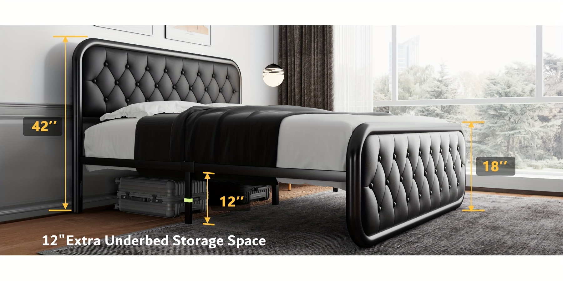 Metal Bed Frame, Platform Bed Frame with Faux Leather Headboard, Heavy-Duty Thicker Metal Steel Slats Support, 12'' Under-Bed Space, Easy Assembly