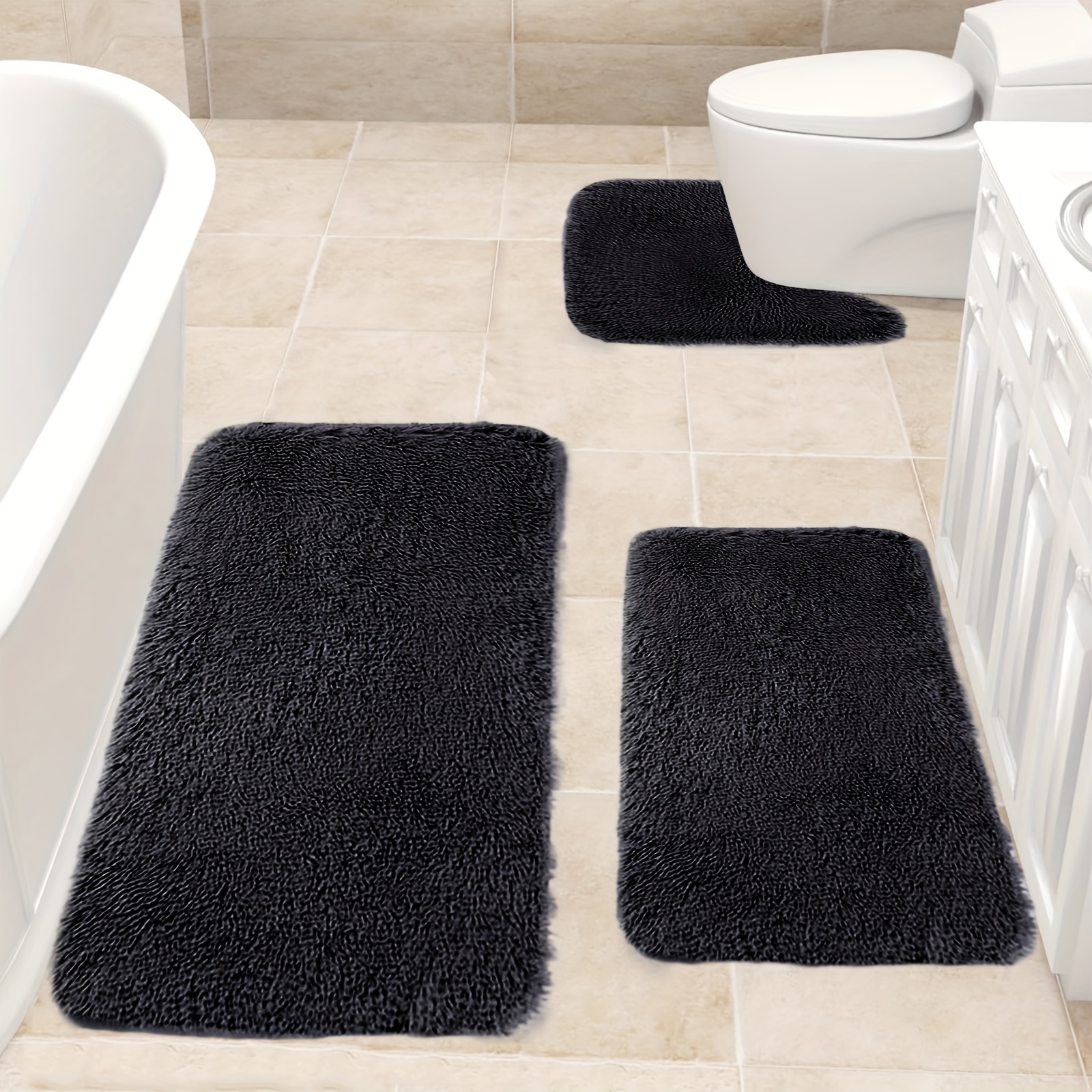 

Solid Mats 3 Set Bathroom Rugs For 3 Pcs Toilet Mats Universal Soft Comfortable Water Absorption Non-slip Thick Machine Washable Easier To Dry Dark, Bathroom Anti Slip Carpet Bathroom Supplies