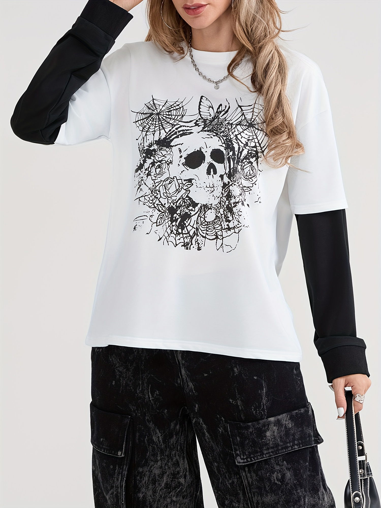 women's gothic skull print long sleeve t shirt y2k style - Temu