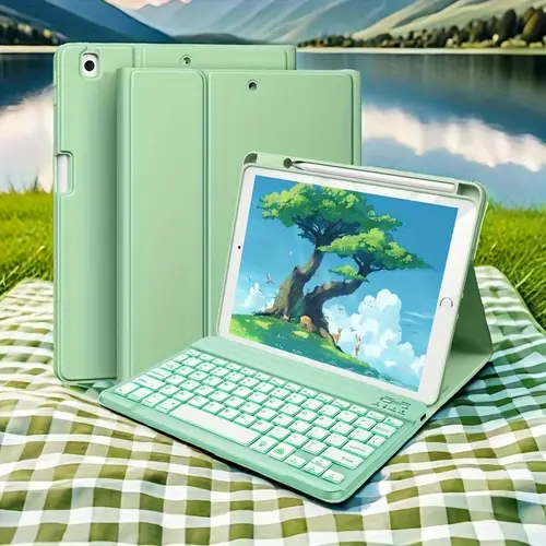 mint green case for ipad with detachable keyboard pencil holder compatible with ipad pro air 3rd gen backlit folio cover usb charging pu leather stylish integrated stand split keyboard rechargeable battery versatile tablet stand stylish tech accessory functional design cute case for ipad